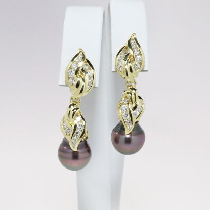 Picture of 18k Yellow Gold Tahitian Pearl & Diamond Drop Earrings