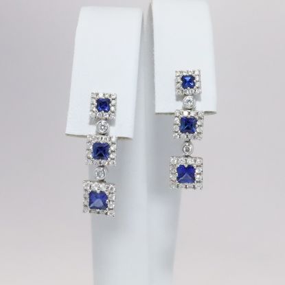 Picture of 14k White Gold & Blue, Square Cut Sapphire Dangle Earrings with Diamond Halos