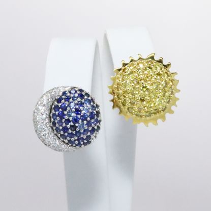 Picture of 18k Yellow Gold & Yellow Diamond Sun & Platinum, Blue Sapphire & Colorless Diamond Moon Earring Pair