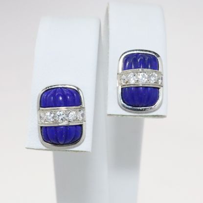 Picture of Platinum & Carved Lapis Lazuli Stud Earrings with Diamond Accents