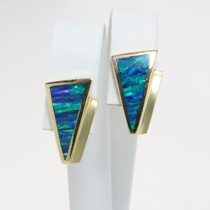 Picture of 14k Yellow Gold Triangular Lever Back Earrings with Inlaid Opals