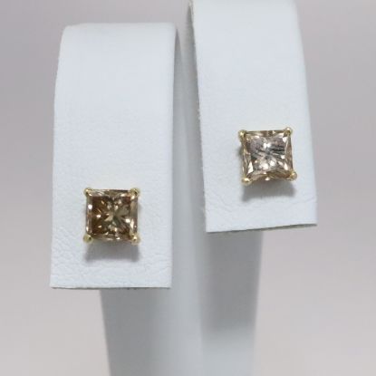 Picture of 14k Yellow Gold & Square Brilliant Cut Brown Diamond Solitaire Stud Earrings