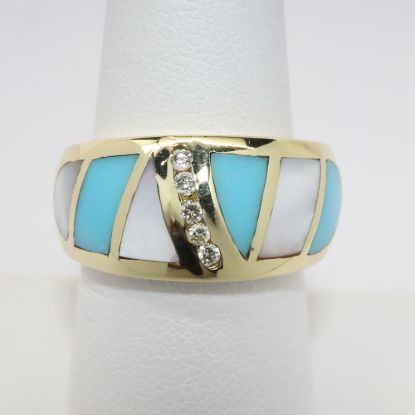Picture of 14k Yellow Gold Ring with Inlaid Mother of Pearl & Turquoise with Diamond Accents