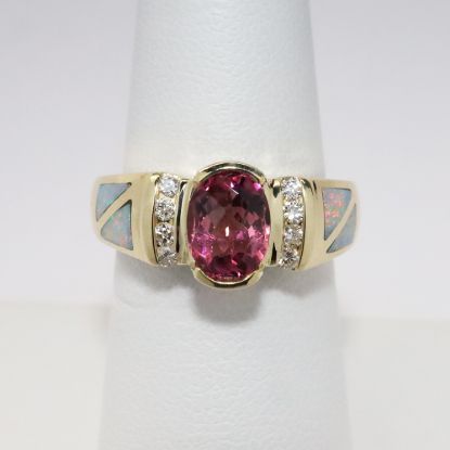 Picture of 14k Yellow Gold, Oval Cut Pink Tourmaline, Diamond & Opal Ring