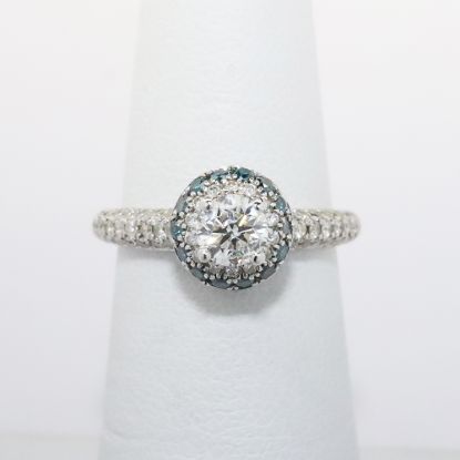 Picture of 14k White Gold & Round Brilliant Cut Diamond Engagement Ring with Blue Diamond Halo