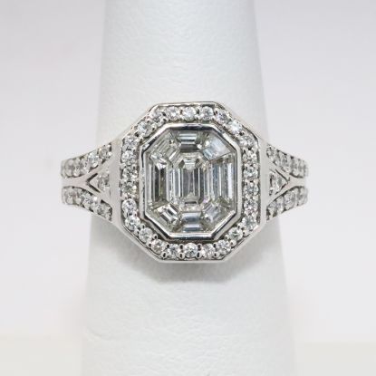 Picture of 14k White Gold, Emerald & Trapeze Cut Diamond Ring with Brilliant Cut Diamond Accents