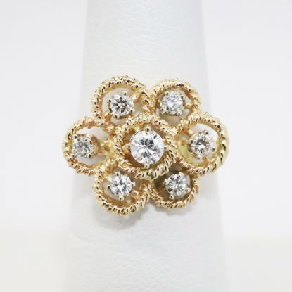 Picture of Textured 14k Yellow Gold 7 Halo Ring with Round Brilliant Cut Diamond Centers