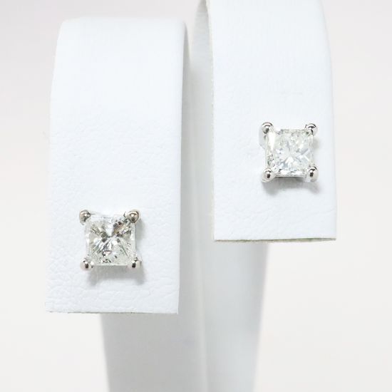 Picture of 14k White Gold & Square Brilliant Cut Diamond Solitaire Stud Earrings