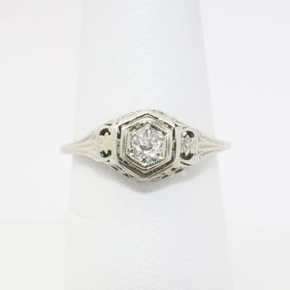 Picture of Antique Art Deco Era 18k White Gold Filigree & Old Mine Cut Diamond Engagement Ring