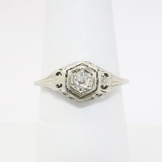 Picture of Antique Art Deco Era 18k White Gold Filigree & Old Mine Cut Diamond Engagement Ring
