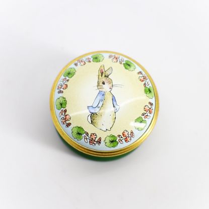 Picture of Rare Halcyon Days Beatrix Potter's Peter Rabbit Pill Box with Green Base in Original Box