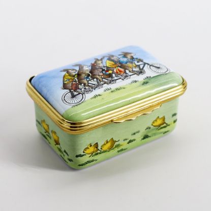 Picture of Halcyon Days for the Smithsonian Enameled Easter Box Featuring Bunnies on a Tandem Bicycle
