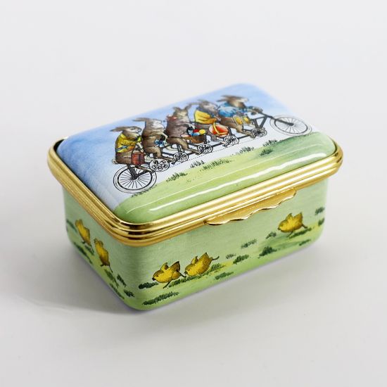Picture of Halcyon Days for the Smithsonian Enameled Easter Box Featuring Bunnies on a Tandem Bicycle