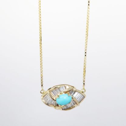 Picture of Custom 14k Yellow Gold, Baguette Cut Diamond & Turquoise Cabochon Evil Eye Necklace
