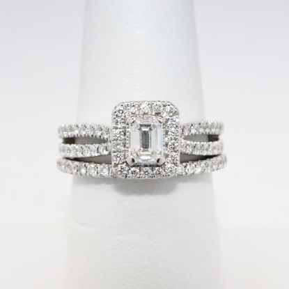 Picture of 14k White Gold & Haloed Emerald Cut Diamond Bridal Ring Set with Side Mounted Sapphire Accents
