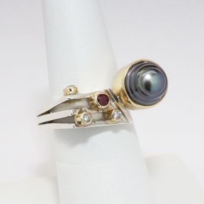 Picture of 14k Yellow Gold & Sterling Silver Pearl Diamond Ring 