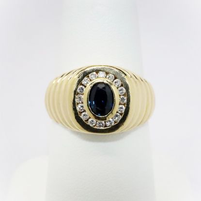 Picture of 14k Yellow Gold & Oval Cut Sapphire Men's Ring with Diamond Halo 