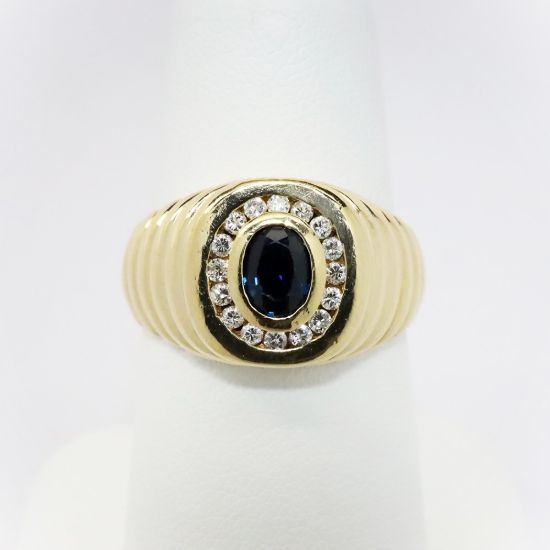 Picture of 14k Yellow Gold & Oval Cut Sapphire Men's Ring with Diamond Halo 