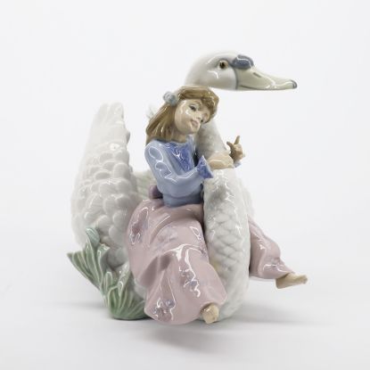 Picture of Lladro Porcelain 'Swan Song' Girl Riding Swan Figurine #5704 with Original Box