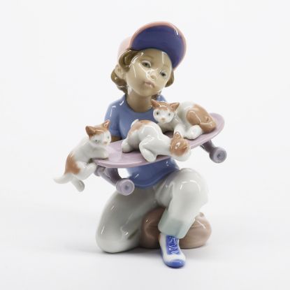 Picture of Lladro Porcelain 1994 Event Figurine 'Little Riders' #7623, Boy with Skateboard Full of Kittens with Box