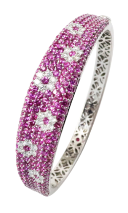 Picture of 18k White Gold & Pavé Set Pink Sapphire Hinged Bangle Bracelet with Inlaid Diamond Flowers by Roberto Coin