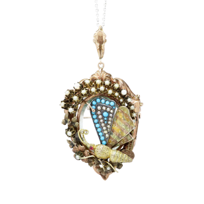 Picture of Antique Victorian 9k Tri-Colored Gold, Pearl & Turquoise Locket with Articulated Butterfly