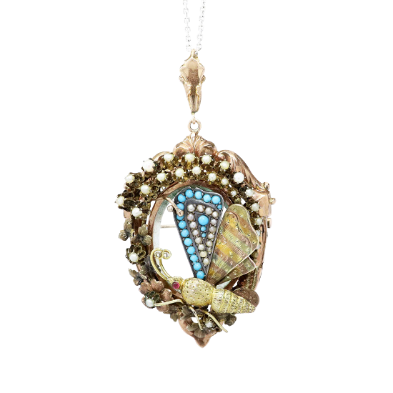 Picture of Antique Victorian 9k Tri-Colored Gold, Pearl & Turquoise Locket with Articulated Butterfly