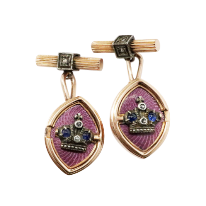 Picture of Pair of Fabergé Rose Gold, Sapphire, Diamonds & Guilloche Enameled Cufflinks by Workmaster Mikhail Perkhin