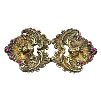 Picture of Antique William B. Kerr Gilt Sterling Silver Cherub 2-Piece Belt Buckle with Purple Czech Glass Accents