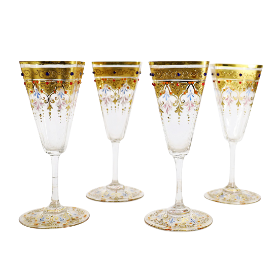 Picture of Antique Set of 4 Hand Enameled & Jeweled Squared Bohemian Stemed Glasses