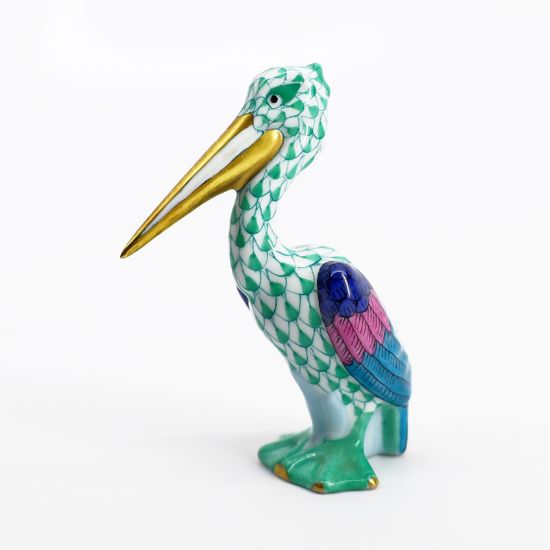 Picture of Herend Porcelain Pelican Figurine #5170 in Green Fishnet 