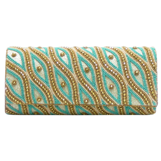 Picture of David Jeffery Clutch Purse, Turquoise, Ivory & Gold beaded with Strap