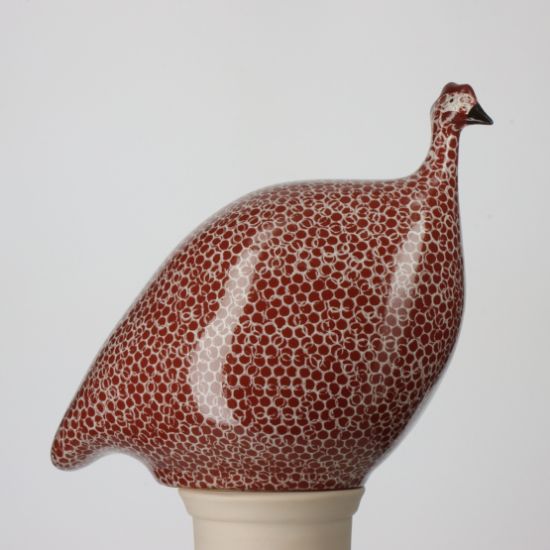 Picture of Lussan Ceramics Pecking (Head Down) Guinea Hen in Bordeaux Red with White Spots