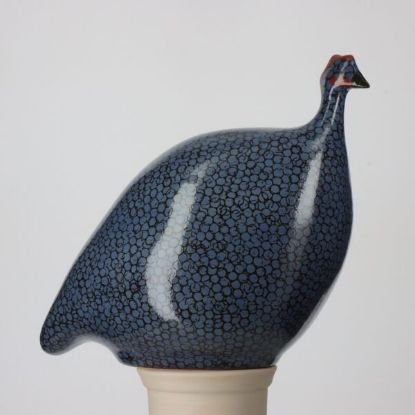 Picture of Lussan Ceramics Pecking (Head Down) Guinea Hen in Electric Blue with Black Spots