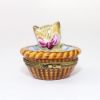 Picture of  Retired Limoges Porcelain Tabby Cat with Pink Bow in Basket Trinket Box