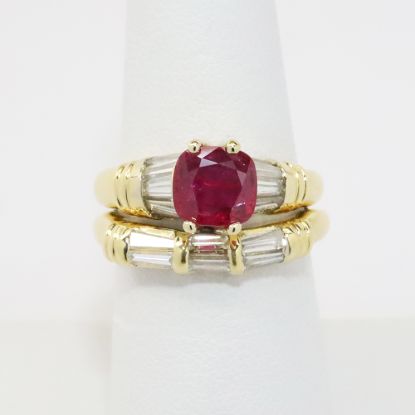 Picture of 18k Yellow Gold Cushion Mixed Cut Ruby & Diamond Ring Set 
