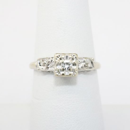 Picture of Antique 14k White Gold & Diamond Engagement Ring with Diamond Accented Milgrain Hearts 