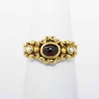 Picture of 1985 MMA (Metropolitan Museum of Art) Gold Plated Ring with Faux Garnet & Seed Pearls