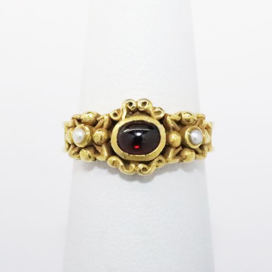 Picture of 1985 MMA (Metropolitan Museum of Art) Gold Plated Ring with Faux Garnet & Seed Pearls