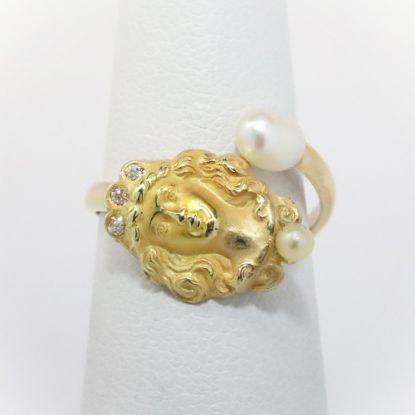 Picture of Custom 14k Yellow Gold, Diamond & Pearl Art Nouveau Woman's Face Bypass Ring