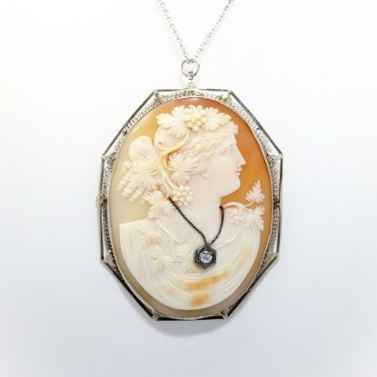 Picture of Antique 14k White Gold & Carved Shell Cameo of a Woman Wearing a Diamond Necklace