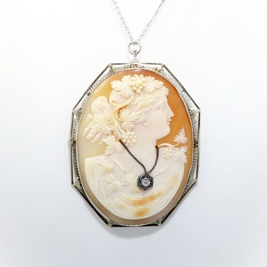 Picture of Antique 14k White Gold & Carved Shell Cameo of a Woman Wearing a Diamond Necklace