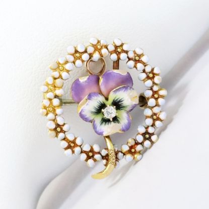 Picture of Victorian Era 14k Yellow Gold & Enamel Pansy in Wreath of Flowers Brooch/Pendant with Diamond Accent