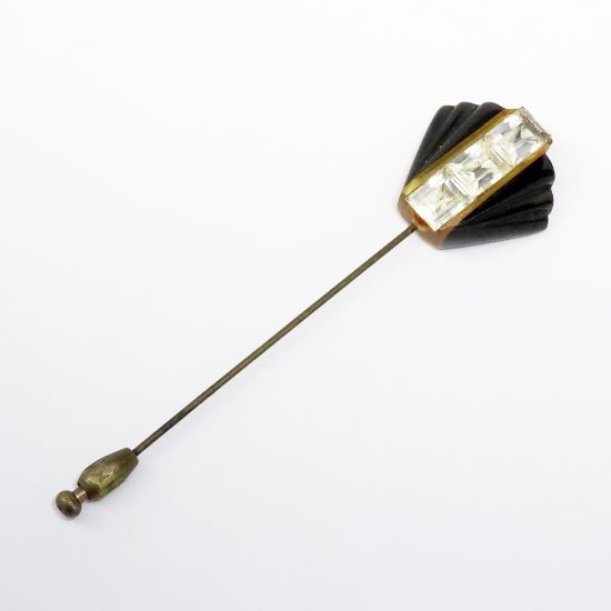 Picture of Art Deco Era Black & Butterscotch Stick Pin with Emerald Cut Rhinestone Accents