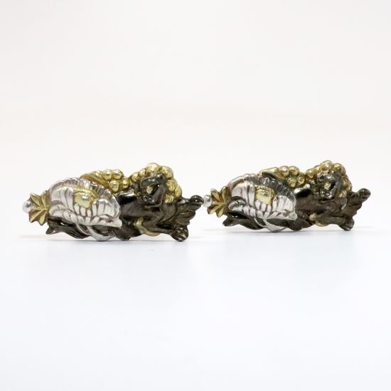 Picture of Vintage Japanese Sterling Silver Shakudo Menuki Cuff Links with Foo Lions & Lotus