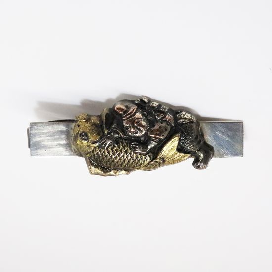 Picture of Vintage Japanese Sterling Silver Shakudo Menuki Tie Clip with Man Catching Carp