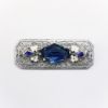 Picture of Art Deco Rhodium Filigree Bar Brooch with Blue Czech Glass & Enameled Flowers