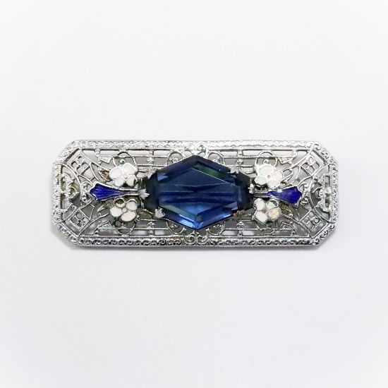 Picture of Art Deco Rhodium Filigree Bar Brooch with Blue Czech Glass & Enameled Flowers