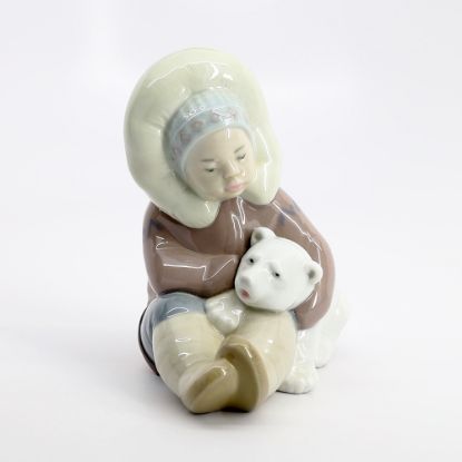 Picture of Lladro 'Eskimo Playing' Inuit Child with Polar Bear Cub Porcelain Figurine #1195