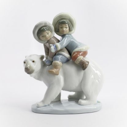 Picture of Lladro #5353 'Eskimo Riders' Inuit Children on a Polar Bear Porcelain Figurine